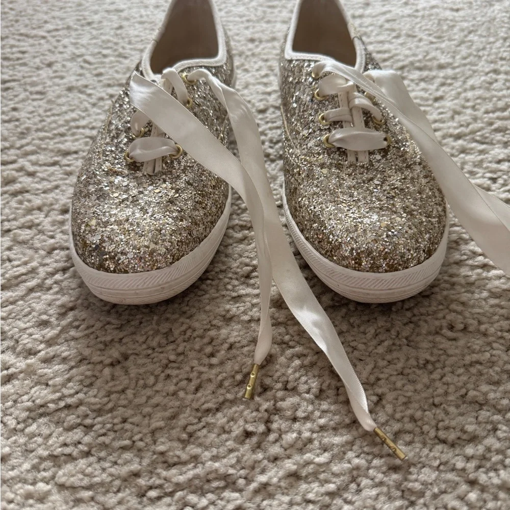 kate spade Glittered Lace-Up Sneakers in Gold and White